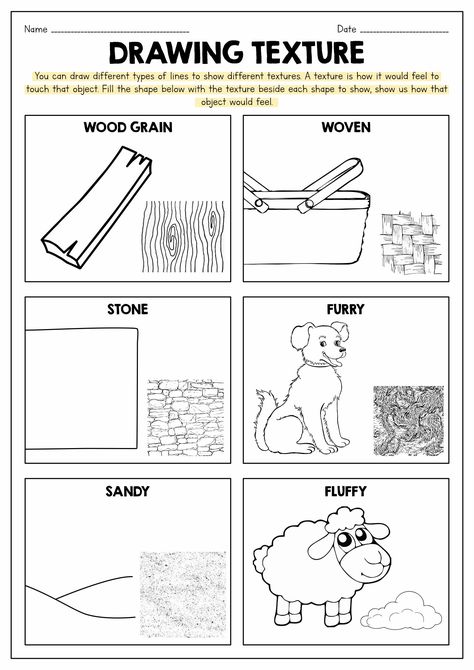 Drawing Texture Worksheet Echo Drawing Worksheet, Art History Worksheets Middle School, Finish The Picture For Kids, Art Exercises Drawing Lessons, Drawing Texture Ideas, How To Draw Texture, Different Textures Drawing, Visual Texture Drawing, Read And Draw Worksheets