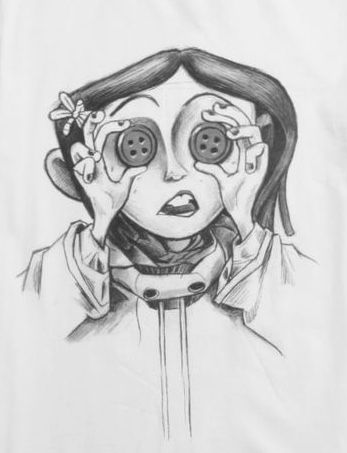 Tim Burton Art Coraline, Coraline With Button Eyes Drawing, Drawing Of Coraline, Coraline Other Mother Drawing, Tim Burton Art Drawings, Tim Burton Aesthetic Drawing, Coraline Drawing Ideas, Coraline Art Drawings, Tim Burton Characters Drawings