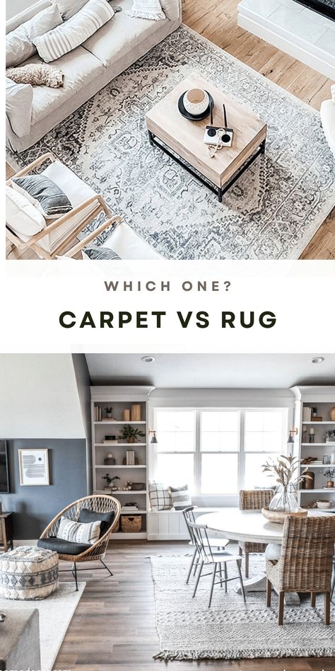 Learn all of the pros and cons to choosing carpet vs rug in your home design and what will create the most visual appeal. How To Choose Carpet, Choosing Carpet, Modern Farmhouse Ideas, Carpet For Living Room, Types Of Flooring, Decorating Blogs, Floor Design, Pros And Cons, Rustic Diy