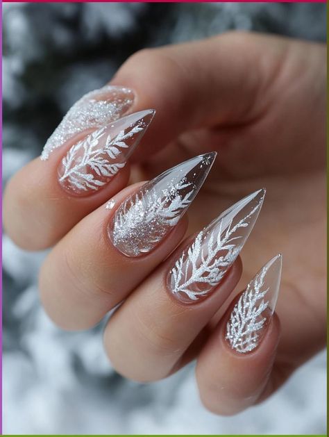 Snow Queen Nails, Frosty Christmas Nails, Snowy Tree Nails, Snowflake Nails Acrylic Coffin, Clear Snowflake Nails, Christmas Snow Nails, Icicle Nails Acrylic, Blizzard Nails, Winter Acrylic Nails Ideas