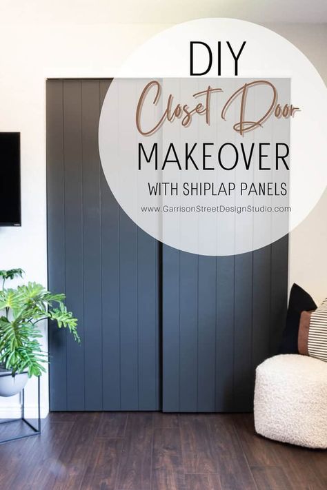 DIY Makeover for Sliding Closet Doors on a Budget | ©GarrisonStreetDesignStudio | DIY | Makeover | Sliding | Closet Doors | on a Budget | Ideas | Shiplap | Paneling | DIY Ideas | DIY Modern | Flat | Double | Hollow Core | Updating Sliding Closet Doors | Bifold | French | Closet Door Ideas DIY | Closet Door Options | Painted | Bedroom | Vertical Shiplap | Sliding Closet Doors | Closet Door Makeover | Alternative | How to | Update | Tutorial | Designs | Unique | Upgrade | Easy | Black Paneled Sliding Closet Doors, Closet Door Ideas Diy, Closet Doors Bifold, Closet Door Options, Diy Closet Door, Closet Door Alternative, French Closet, French Closet Doors, Vertical Shiplap