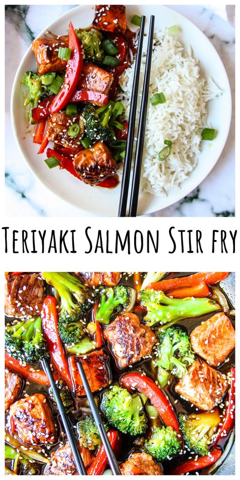 Salmon Stir Fry with a side of rice on a white plate with black chopsticks. Pescatarian Stir Fry, Healthy Dinners Salmon, Salmon And Stir Fry Veggies, Fish Stir Fry Recipes Healthy, Teriyaki Stir Fry Vegetables, Stir Fry Recipes Salmon, Stir Fry Salmon, Stir Fry Salmon Recipe, Vegetable Stir Fry Recipe Easy