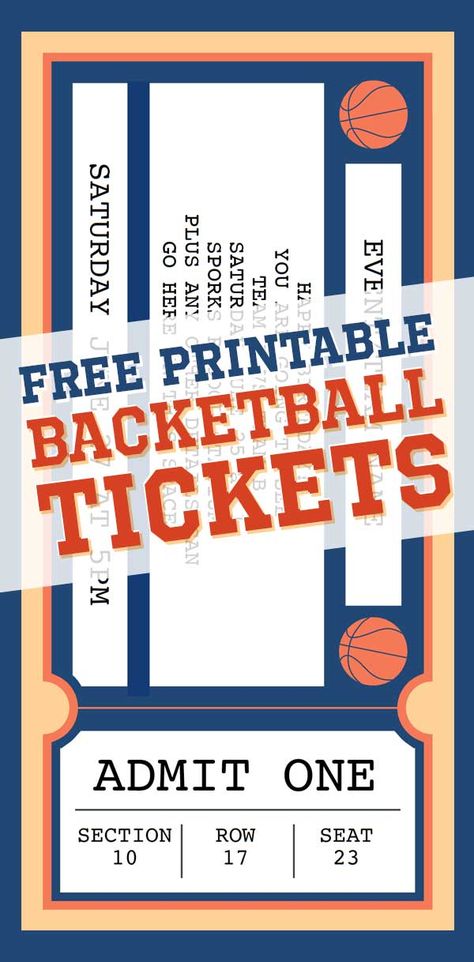 A personalizable basketball ticket template with heaps of space to add your own text. Basketball Invitations Birthday Free Printable, Basketball Ticket Template Free, Basketball Ticket Invitation, Basketball Jersey Template Printable, Surprise Basketball Tickets Gift Ideas, Free Basketball Printables Templates, Basketball Room Transformation, Basketball Game Ticket Gift Surprise, Nba Tickets Surprise Ideas