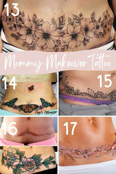 Beautiful Tummy Tuck Tattoo Designs and Ideas - TattooGlee Tattoo For Tummy Scar, Waist Scar Tattoo, Tommy Tuck Tattoo, Mommy Makeover Scar Tattoo, Around The Waist Tattoo, Cover Up Tattoos For Women Tummy Tucks, Hip To Hip Tattoos Women, Tummy Tattoos For Women Lower Stomach Cover Up, Lower Tummy Tattoo For Women