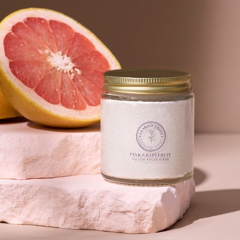 My Pink Grapefruit Tallow Sugar Scrub combines my whipped tallow with organic cane sugar as a natural exfoliant and is lightly scented with pink grapefruit and lemon essential oils to encourage cell turnover, leaving your skin feeling soft, refreshed, and hydrated. Benefits: deep cleansing, facial bump prevention, evens skin tone, improved skin texture.Directions: Use a small amount on the face or body. Gently rub exfoliant in a circular motion. Wash off in the shower or with a hot washcloth. Us Tallow Body Butter, Tallow Face Cream, Tallow Moisturizer, Whipped Tallow Balm, Brand Photography Ideas, Whipped Tallow, Tallow Balm, Sweet Orange Essential Oil, Beef Tallow