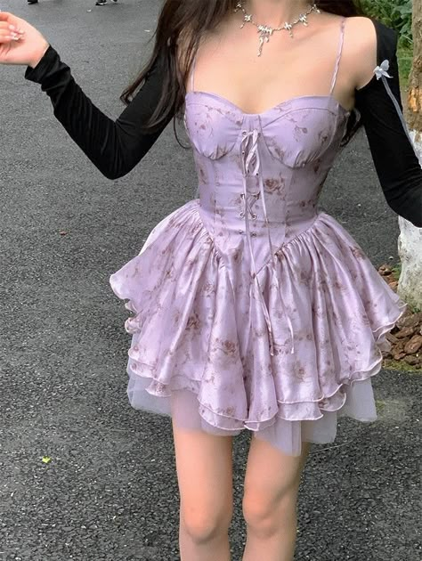 Purple Dress Rapunzel, Purple Dress With Corset, Purple Cottagecore Dress, Lilac Dress Short, Light Purple Short Dress, Fairy Princess Outfit, Purple Butterfly Dress, Teen Wolf Script, Lilac Dresses