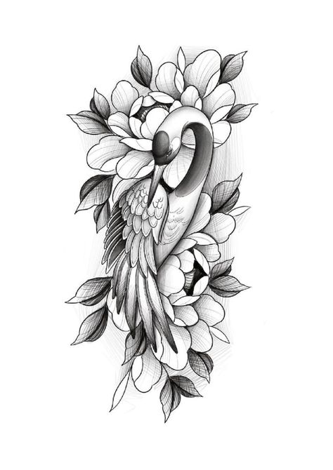 Crane Bird Tattoo, Hibiscus Flower Tattoo Design, Japanese Crane Tattoo, Flower Tattoo Stencils, Vogel Tattoo, Crane Tattoo, Tattoo Ideas For Women, Feminine Tattoo, Tattoo Stencil Outline