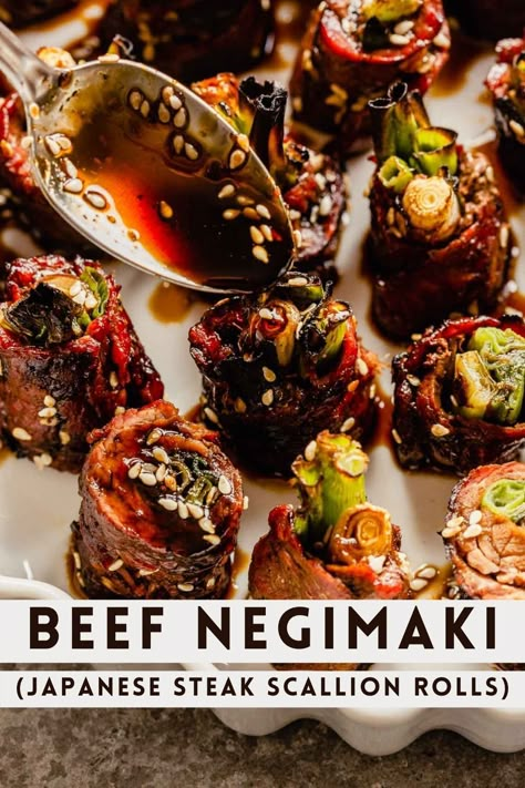 Beef Negimaki Recipe, Japanese Steak Recipes, Steak Spring Rolls, Japanese Beef Recipes, Sushi Bakes, Grill Appetizers, Japanese Dinner Ideas, Beef Negimaki, Japanese Dinner Party