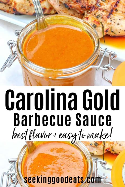 This Carolina Gold BBQ Sauce has the perfect tangy, sweet, and smoky flavor. Think honey mustard with a bit of smoke and spice and a whole lotta tang. Y'all are gonna love it! Carolina BBQ sauce is a mustard BBQ sauce that is super simple to make and tastes great on pork, fish, chicken, lamb, and beef. Kids love it with chicken tenders, hot dogs, bratwurst and burgers. Carolina Gold Sauce is the perfect BBQ sauce recipe for your next grilling cookout! #BBQsauce Gold Bbq Sauce Recipe, Carolina Gold Bbq Sauce Recipe, Mustard Bbq Sauce Recipe, Carolina Gold Sauce, Carolina Gold Bbq Sauce, Gold Bbq Sauce, Gold Sauce, Carolina Bbq Sauce, Carolina Bbq