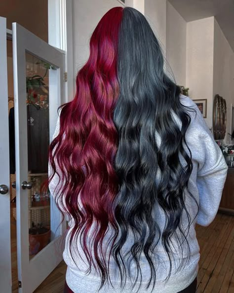 🕷🖤 HAIR • MAKEUP • FASHION 🖤🕷 on Instagram: "Dead rose red and smoked out gray 🥀🌪️ Loved this half and half on my long haired client!! Using @pravana 6.66 + scarlet red vivids everlasting, and a custom silver vivids formula into smokey black ends. #pravana #pravanavivids #holidayhair #hair #minneapolishair #winterhair #longhair #pravanapartner #brazilianbondbuilder #hairandmakeupbykaylaboyer" Red Black Hair Aesthetic, Red And Gray Hair, Half And Half Dyed Hair, Silver And Red Hair, Half Black Half Red Hair, Red And Grey Hair, Grey And Red Hair, Gray And Red Hair, Half Red Half Black Hair