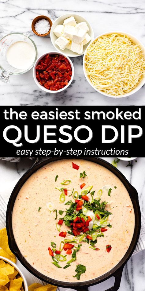 This super simple one-pan smoked queso dip *might* be the best appetizer of the summer season. It's loaded with smoky flavor, plenty of ooey gooey cheese, and seasoned tomatoes for a delicious snack that's perfect for a backyard barbecue! Smoked Queso No Velveeta, Grilled Queso Dip Without Velveeta, Queso Dip No Velveeta, Queso Recipe No Velveeta, Southwest Appetizers, Queso On The Grill, Grilling Appetizers, Smoked Queso Dip, Smoked Queso