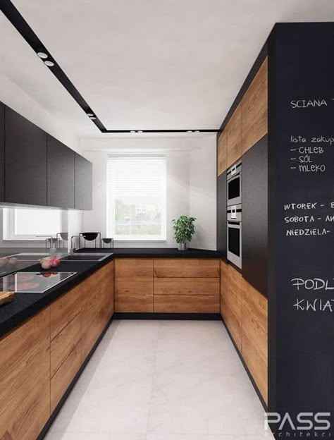 Outstanding Black and Wood Kitchens That Will Add Style To Your Home Küchen In U Form, Modern Kitchen Interiors, Kitchen Design Modern White, Kitchen Room Design, Kitchen Inspiration Design, Kitchen Furniture Design, Painting Kitchen Cabinets, Kitchen Cabinet Design, Black Kitchens