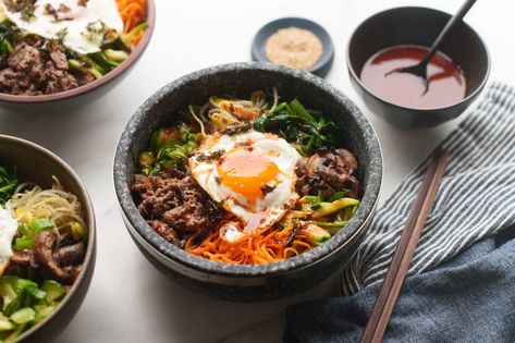 stone bowl of bibimbap Bibimbap Recipe Korean, Bibimbap Sauce, Korean Rice Bowl, Bulgogi Marinade, Seasoned Vegetables, Bibimbap Bowl, Bibimbap Recipe, Recipe Korean, Vietnamese Soup