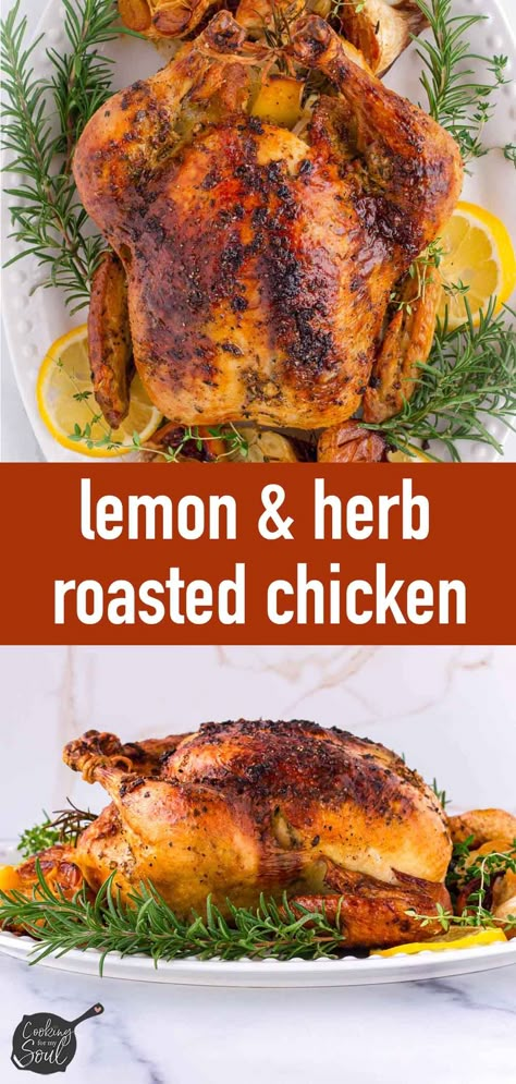 Lemon Herb Roasted Chicken! This amazing lemon whole roast chicken is incredibly juicy, tender, moist, and delicious, with a crispy golden brown skin. It's the best Sunday dinner recipe! Lemon Pepper Whole Chicken, Lemon Herb Whole Chicken, Oven Roasted Lemon Chicken, Lemon Herb Roasted Chicken, Lemon Chicken Roast, Lemon And Herb Chicken, Roasted Chicken Whole, Lemon Thyme Chicken, Herb Roasted Chicken