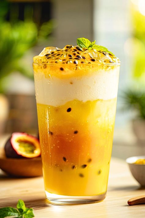 Classic Iced Passion Fruit Tea Recipe Passion Fruit Iced Tea, Passion Juice, Jasmine Milk Tea Recipe, Moroccan Mint Tea Recipe, Fruit Tea Recipes, Drink Styling, Milk Thistle Tea, Mint Tea Recipe, Passion Fruit Tea