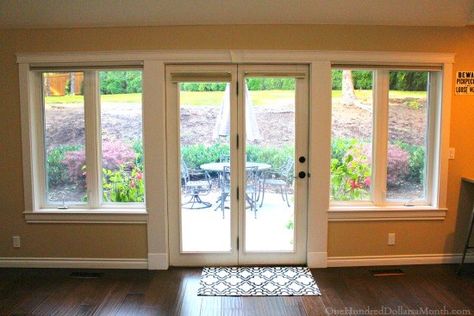 Window Treatments for Patio Doors: Curtains, Blinds, Shades or Nothing at All - One Hundred Dollars a Month Patio Doors Curtains, Living Room Window Wall, Window Sliding Doors, Sliding Door Patio, French Doors To Deck, Patio Sliding Door, Patio Door Curtains, Window Casing, Dining Room Remodel