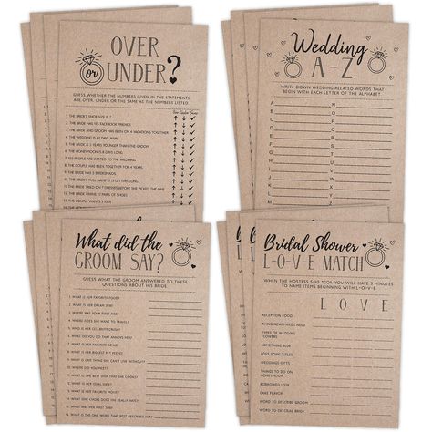 PRICES MAY VARY. ★ Rustic Kraft Design: Each game card features a stylish rustic kraft paper appearance, perfect for complementing a rustic or vintage-themed bridal shower or bachelorette party. ★ Variety of Games: Includes four entertaining games: Word Match, What Did The Groom Say, Over and Under, and Wedding Alphabet, designed to engage and amuse your guests. ★ Double-Sided Cards: Maximizes space and variety, with one game printed on each side of the 25 cards, providing a total of 50 playable Rustic Bridal Shower Games, Country Bridal Shower, Couples Bridal Shower, Bridal Shower Planning, Vintage Bridal Shower, Bridal Shower Inspiration, Bachelorette Games, Fall Bridal Shower, Rustic Bridal