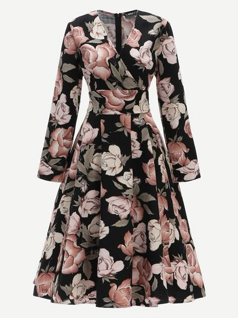 50s Wrap Front Floral Print Fit & Flare Dress -SHEIN(SHEINSIDE) Shein Vintage Outfits, Fit And Flare Dresses, Dress Tips, Long Wrap Dress, Flare Dresses, African Fashion Women, Looks Chic, Fit And Flare Dress, Fit Flare Dress