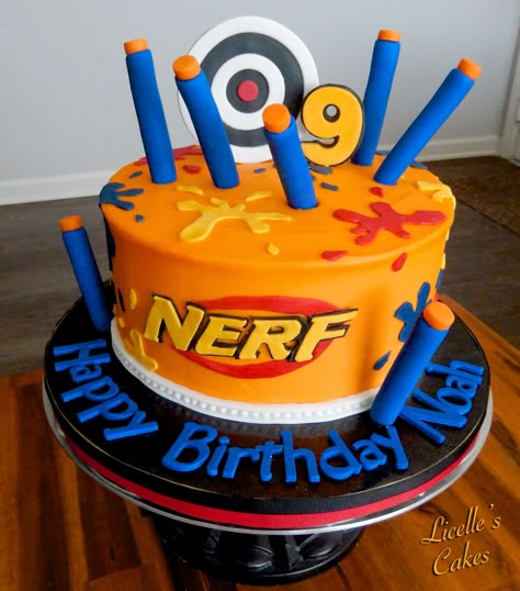 Nerf Cakes For Boys, Nerf Cake Ideas, Nerf Cupcakes, Nerf Birthday Cake, Nerf Birthday Party Ideas Cake, Nerf Birthday Party Ideas, Nerf Themed Birthday Party Games, Nerf Birthday Shirt, Nerf Birthday Party Games Shooting Range