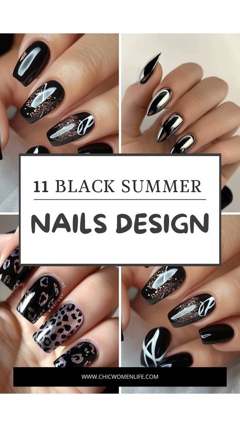 10 black summer nails design Black Nails With Bling, Black Summer Nails, Black Nails Ideas, Nails With Bling, White Summer Nails, August Nails, Summer Nails Beach, Blue Nail Designs, Vacation Nails