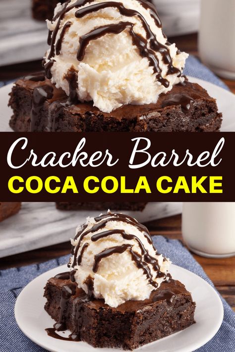 Cracker Barrel Coca Cola Cake (Copycat Recipe). This double chocolate fudge coca-cola cake is rich, creamy and best served with a side of vanilla ice cream. Copycat Recipes Desserts, Chocolate Coca Cola Cake, Cracker Barrel Copycat Recipes, Coke Cake, Cracker Dessert, Cracker Barrel Recipes, Coca Cola Cake, Chandelier Cake, Cola Cake