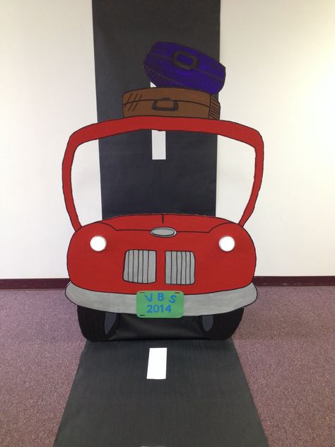 VBS Photo Booth Promised Land or Bust! Roadtrip Theme Decorations, Roadtrip Themed Party, Road Trip Party Decorations, Road Trip Vbs, Truck Photo Booth, Ready Set Move Vbs, Route 66 Party, Sunday School Room Decor, Route 66 Theme