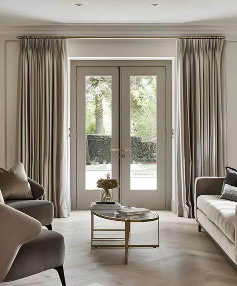 Curtains on French doors, adding style to your entryway. Dressing French Doors, French Doors With Side Windows Curtains, Curtains In Front Of French Doors, French Door Drapes, French Door With Curtains, French Doors Curtains Ideas, Sliding Door Curtains Ideas, French Doors With Curtains, Curtains On French Doors