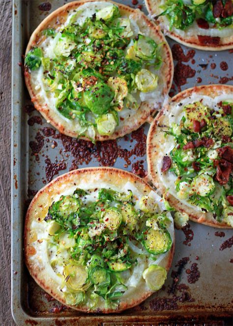 Easy Brussels Sprouts Pita Pizzas with Optional Bacon | Kitchen Treaty Pita Bread Pizza, Flatbread Pizzas, Pita Pizza, Pita Pizzas, Pizza Roll, Inexpensive Meals, Flat Bread, Pita Bread, Pizza Bread