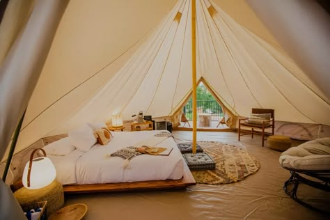 Glamping Tents Bell Tent Interior Ideas, Bohemian Camping, Tent Camping Essentials, Bell Tent Interior, 5m Bell Tent, Bell Tent Glamping, Tent Interior, Tent Life, Glamping Business