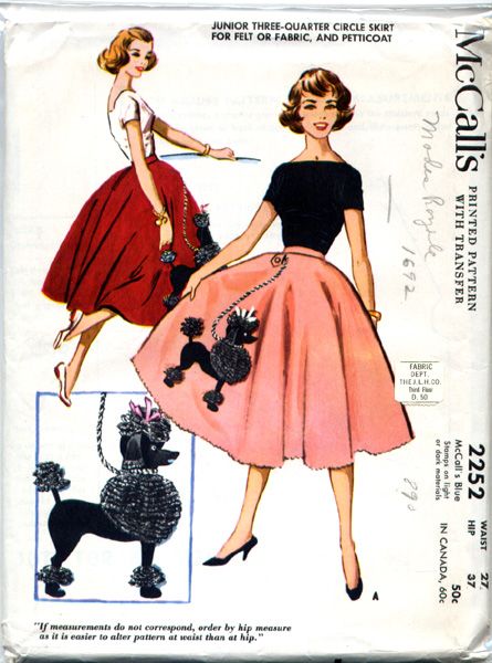 McCall's 2252 ©1958 Three-Quarter Circle Skirt for Felt or Fabric, and Petticoat with poodle applique 1950s Poodle Skirt, Poodle Skirt Outfit, Circle Skirt Tutorial, Poodle Skirts, French Poodle, Patron Vintage, Circle Skirts, Vintage Poodle, Poodle Skirt