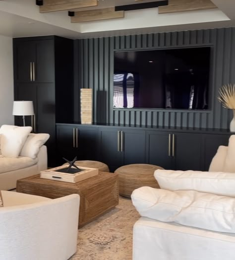 Living Room Armoire Ideas, Dark Grey Media Room, Modern Bonus Room Ideas Upstairs, Feature Wall With Cabinets, Slat Entertainment Wall, Entertainment Room Small Space, Deep Laundry Closet, Media Room Designs, Basement Wall Tv