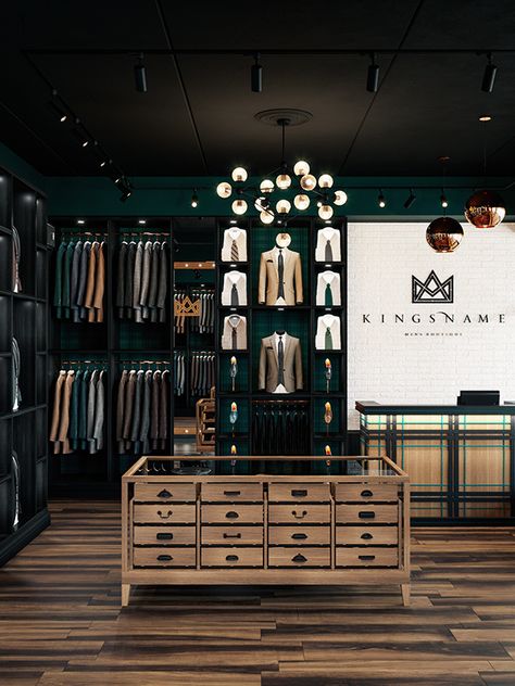 MEN'S BOUTIQUE "KINGSNAME" on Behance Tailoring Shop Interior Design, Luxury Retail Store, Fashion Store Design, Men's Boutique, Suit Stores, Retail Store Interior Design, Clothing Store Interior, Store Interior Design, Clothing Store Design