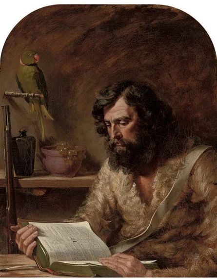 Artwork by Charles Robert Leslie, Robinson Crusoe, Made of oil on canvas Charles Robert Leslie, Men Reading, Pirate Crew, Project Cover Page, Parrot Painting, Interior Colors, Library Art, Robinson Crusoe, Reading Art