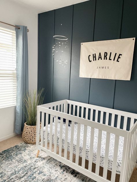 Blue Nursery Black Crib, Delta Crib, Navy Blue Nursery Boy, Baby Cam, Blue Nursery Boy, Nursery Accent Wall, Boy Nursery Themes, Baby Nursery Inspiration, Baby Boy Bedroom