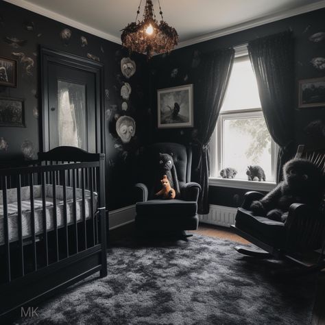 All Black Nursery, Victorian Goth Nursery, Goth Rocking Chair, Black Themed Nursery, Dark Modern Nursery, Adams Family Nursery, Black Rocking Chair Nursery, Gothic Cat Bed, Goth Nursery Ideas Victorian