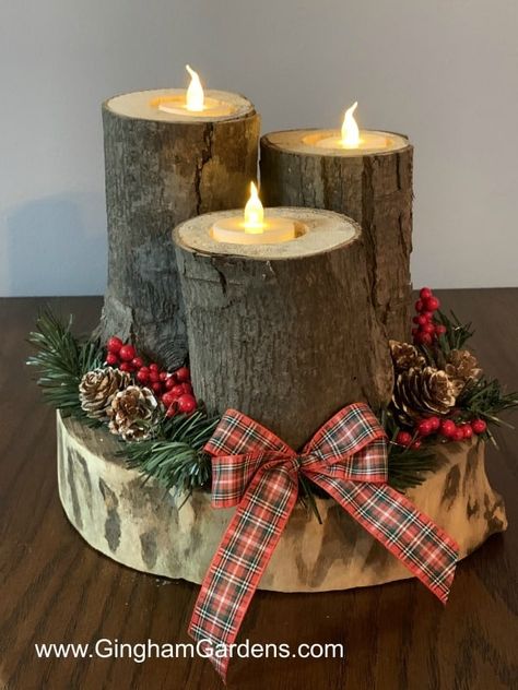 Rustic Christmas Centerpiece is a fun DIY Project Using Tree Branches and Logs with easy to follow instructions. Plus, 2 more projects using wood slices and logs. #diysnowmanusinglogs #diychristmasdecor Christmas Crafts With Tree Branches, Crafts With Logs Wood Slices, Crafts Using Wood Slices, Diy Log Projects, Easy Saleable Crafts, Christmas Wood Centerpieces, Christmas Trees Ideas Rustic, Christmas Log Crafts, Decorating With Wood Slices