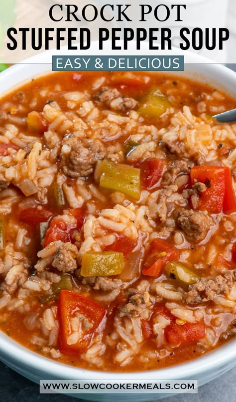 Say goodbye to boring weeknight dinners and hello to the Crock Pot Stuffed Pepper Soup. This hearty, flavorful soup is perfect for those busy weeknights when convenience and taste collide. Packed with healthy veggies and hearty peppers, this soup recipe ensures your family gets the nourishment they need while you enjoy a stress-free dinner experience. Soup Kielbasa, Crock Pot Stuffed Pepper Soup, Crockpot Recipes Clean Eating, Pepper Pot Soup Recipe, Crockpot Stuffed Pepper Soup, Stuffed Pepper Soup Crockpot, Stuff Pepper, Healthy Crockpot Recipes Clean Eating, Meatballs Slow Cooker