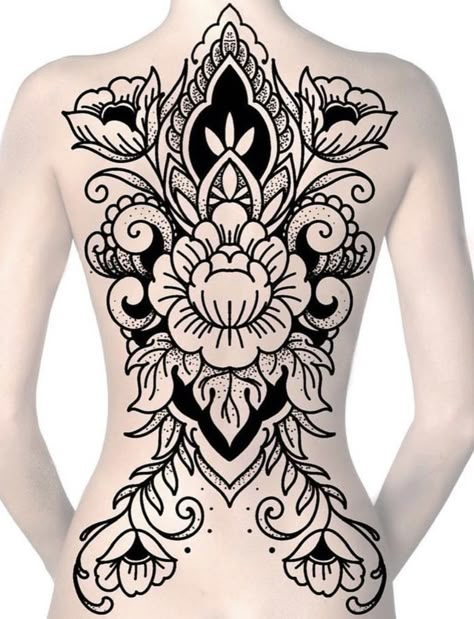 Large Traditional Back Tattoo, Full Back Tattoo Mandala, Ornamental Back Tattoo Women Design, Black And Grey Back Piece Tattoo, Large Ornamental Tattoo, Ornate Back Tattoo, Back Tattoo Stencils For Women, Back Mandala Tattoo For Women, Women Back Tattoos Full