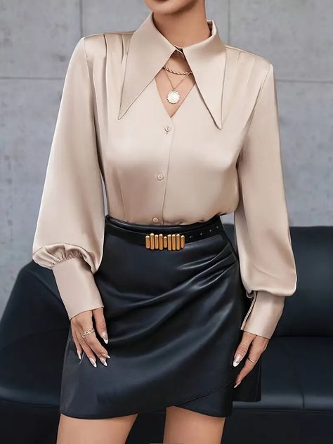 Elegant Satin Solid Color Long Sleeve Shirt Large Lapel - Temu Long Collar Shirt For Women, Business Blouses For Women, Elegant Tops For Women, Women Button Down Shirt Outfit, Fabric Tops For Women, Collar Shirt Outfits, Collar Tops For Women, Collar Shirts For Women, Collared Shirt Women