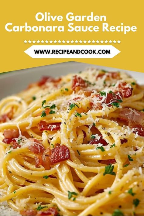 Recreate Olive Garden’s beloved carbonara sauce in just 30 minutes! This quick and easy recipe combines rich cream, parmesan cheese, and savory pancetta for an indulgent meal that’s perfect for busy weeknights. Serve it with spaghetti or your favorite pasta, and don’t forget a sprinkle of parsley for that gourmet touch. Pin this recipe for your next pasta night inspiration! Food And Wine Spaghetti Carbonara, Olive Garden Chicken Carbonara Recipe, Chicken Carbonara Pasta Olive Garden, Olive Garden Carbonara, Olive Garden Carbonara Recipe, Pasta Carbonara Recipe Authentic, Cabanara Pasta, Campanelle Pasta Recipes, Spaghetti Carbonara With Cream