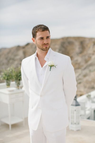 Groom Photos and Ideas - Style Me Pretty Weddings - Picture - 1927631 White Man Suit Wedding, All White Wedding Groom And Bride, Groom All White Tuxedo, Wedding Suit White Men, Wedding Groom Suit White, All White Wedding Suit Groom, All White Bride And Groom Outfit, Groom In All White, Groom White Suit Wedding