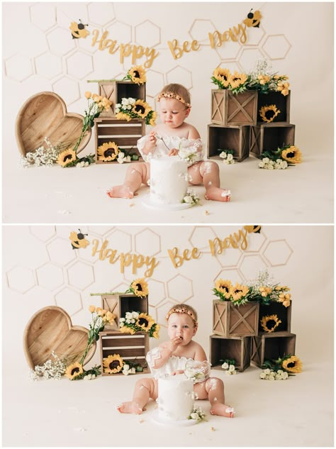 Bee Day Cake Smash, Happy Bee Day Cake, Bee Day Cake, Bee Birthday Theme, Bee Themed Birthday Party, Happy Bee Day, First Bee Day, Honeycomb Cake, Cake Smash Theme