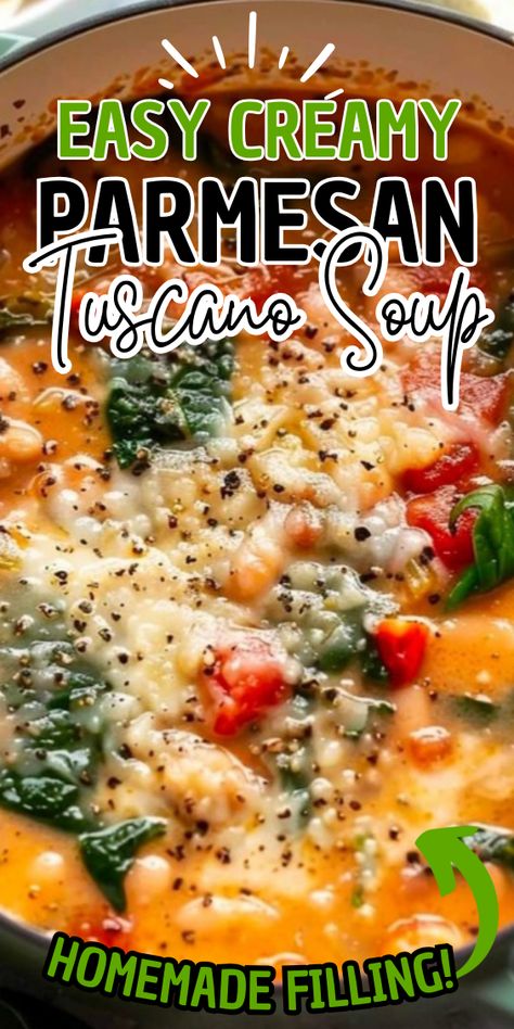 Creamy Parmesan Tuscano Soup Tuscan Parmesan Soup, Parmesan Tuscan Soup, Creamy Parmesan Toscana Soup, Creamy Parmesan Tomato Soup, Stanley Tucci Creamy Parmesan Tuscano Soup, Creamy Soups And Stews, Tuscan Parmesan Cream Soup, Soup With Parmesan Rind, Easy Italian Soup Recipes