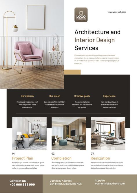 Flyer Design Layout Templates, Interior Design Flyer, Promotion Flyer, Flyer Design Layout, Marketing Flyers, Psd Flyer, Simple Interior, Classical Architecture, Interior Design Companies