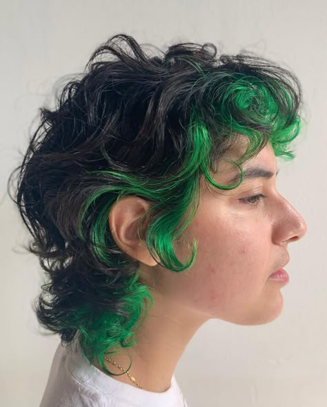 ➕bex➕ on Instagram: “GREEN✅CURLY✅MULLET✅ swipe 4 a half purple eyebrow! . . . #hair #hairstyles #curly #curlyhair #curlycut #curlymullet #loosecurl #mullet…” Green Hair Color Ideas, Green Hair Color, Dyed Curly Hair, Rainbow Hair Color, Curly Mullet, Extension Hair, Hair Inspiration Short, Hairstyles Curly, Dye My Hair