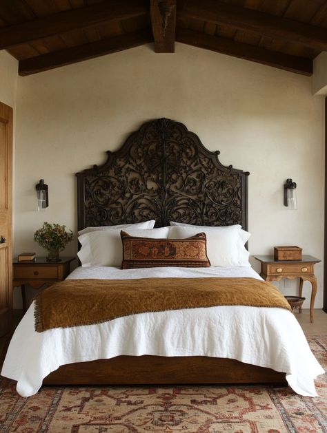 Unlock 22 Mediterranean Bedroom Ideas You’ll Love - Mexico Bedroom Decor, Mediterranean Decor Bedroom Master Suite Spanish Style, Spanish Hacienda Bedroom, Mediterranean Homes Bedroom, Modern Hacienda Bedroom, Bedroom Tall Ceilings, Spanish Style Room, Spanish Interior Design Bedroom, Modern Spanish Bedroom