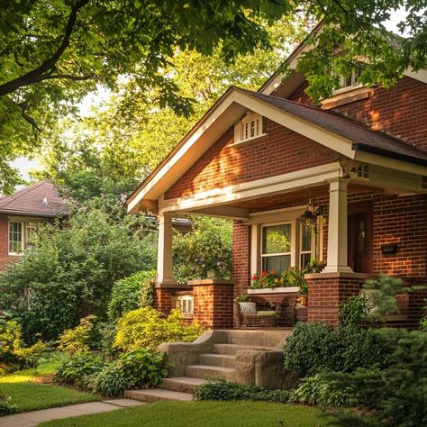 How Brick Accents Elevate Bungalow Exterior Design • 333+ Inspiring Lifestyle Ideas Exterior Siding Colors With Brick, Victorian Bungalow Exterior, Heritage Home Exterior, Brick Bungalow Exterior Makeover, 70s Exterior House, Brick House Aesthetic, Brick House With Front Porch, 1940s Bungalow Exterior, California House Exterior