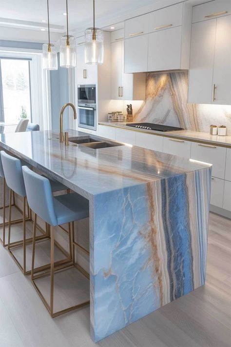 44 Modern Coastal Kitchen Design Ideas (2025 Inspiration) Kitchen Design Beach House, Modern Kitchen Waterfall Island, Light Blue Kitchen Countertops, Beach Farmhouse Aesthetic, Coastal Luxe Kitchen, Ocean Inspired Kitchen, Modern Beach House Decor Kitchen, Beach Style Kitchen Ideas, Beach Modern Kitchen