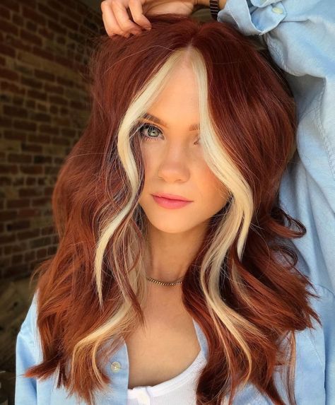 Ginger Hair with Blonde Money Piece Red And Blonde Halo Hair, Red Hair With White Highlights, Strawberry Blonde With Money Piece, Dark Ginger Hair, Ginger Hair Dyed, 2024 Haircuts, Red Hair With Blonde Highlights, Demon Prince, Red Blonde Hair