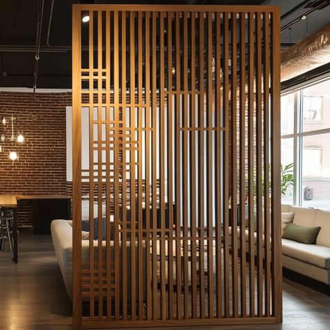 Wood slat wall room divider Slat Wall Separation, Wood Slats On Ceiling, Wood Slat Divider Wall Entryway, Slatted Barn Door, Slatted Wall Divider, Cottage Breezeway, Slatted Wall Interior, Slat Divider Wall, Wooden Slat Wall Living Room